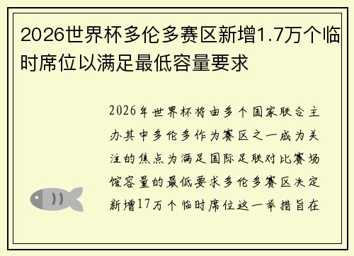 2026世界杯多伦多赛区新增1.7万个临时席位以满足最低容量要求