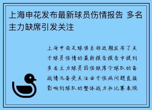 上海申花发布最新球员伤情报告 多名主力缺席引发关注